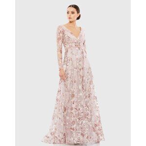 Mac Duggal Embellished V Neck Illusion Long Sleeve A Line Gown in Rose Size 12